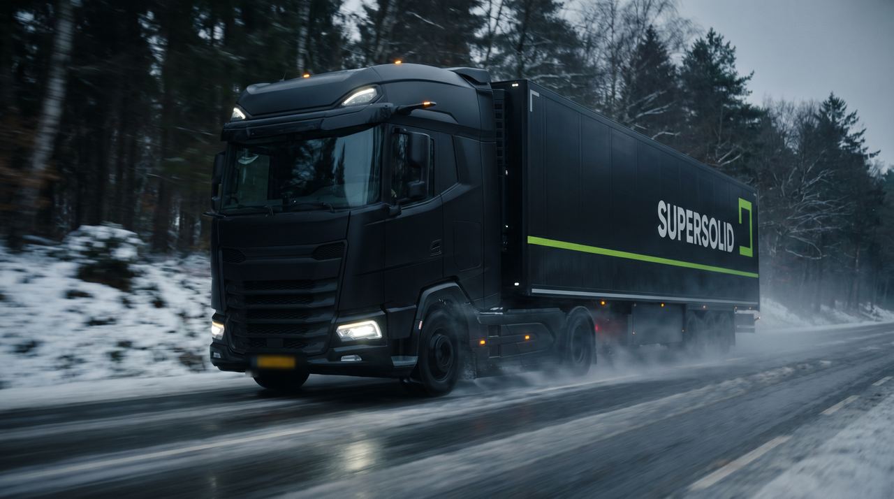 Een SuperSolid DAF XG met gekoelde oplegger op een besneeuwde Europese snelweg in winterlicht