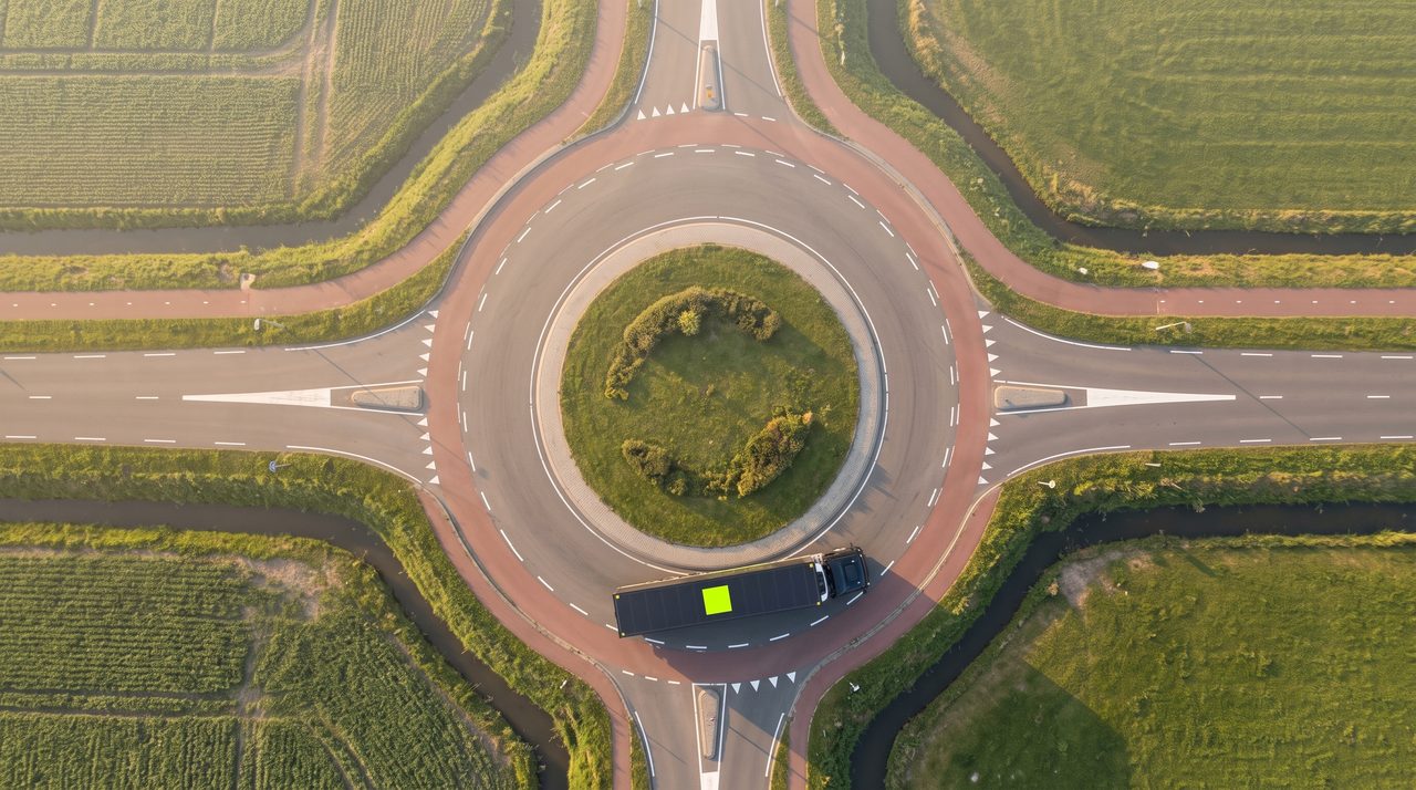 Kreisverkehr senkrecht von oben als perfekter Kreis, mit einem einzelnen SuperSolid-Lkw auf dem Ring